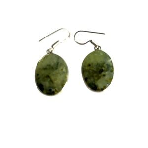 Natural Nephrite Jade Green Stone and Silver Tone  Hook Earrings